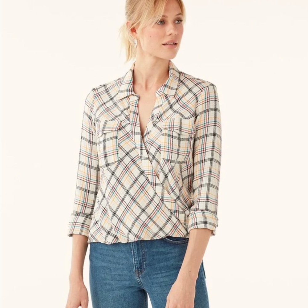 Splendid Driftwood Plaid Surplice Top